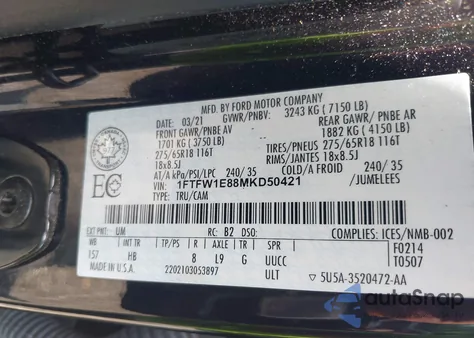 2021 Ford F-150 Lariat z USA, uszkodzony, nr VIN 1FTFW1E88MKD50421